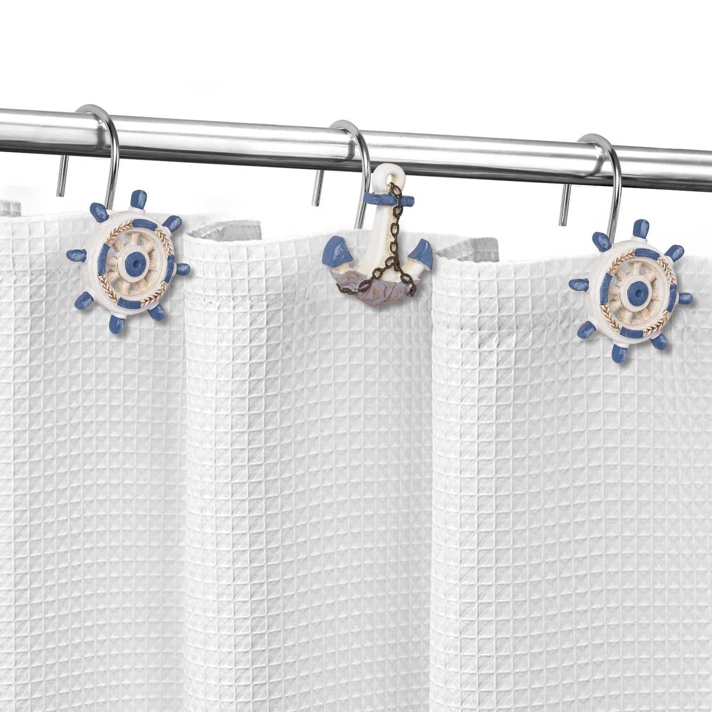 Sunlit Nautical Shower Curtain Hooks, Home Decorative Coastal Shower Curtain Rings for Bathroom, Resin, Ocean Shower Curtain Hanger Hooks for Living Room, Set of 12, Blue Lighthouse Sailboat