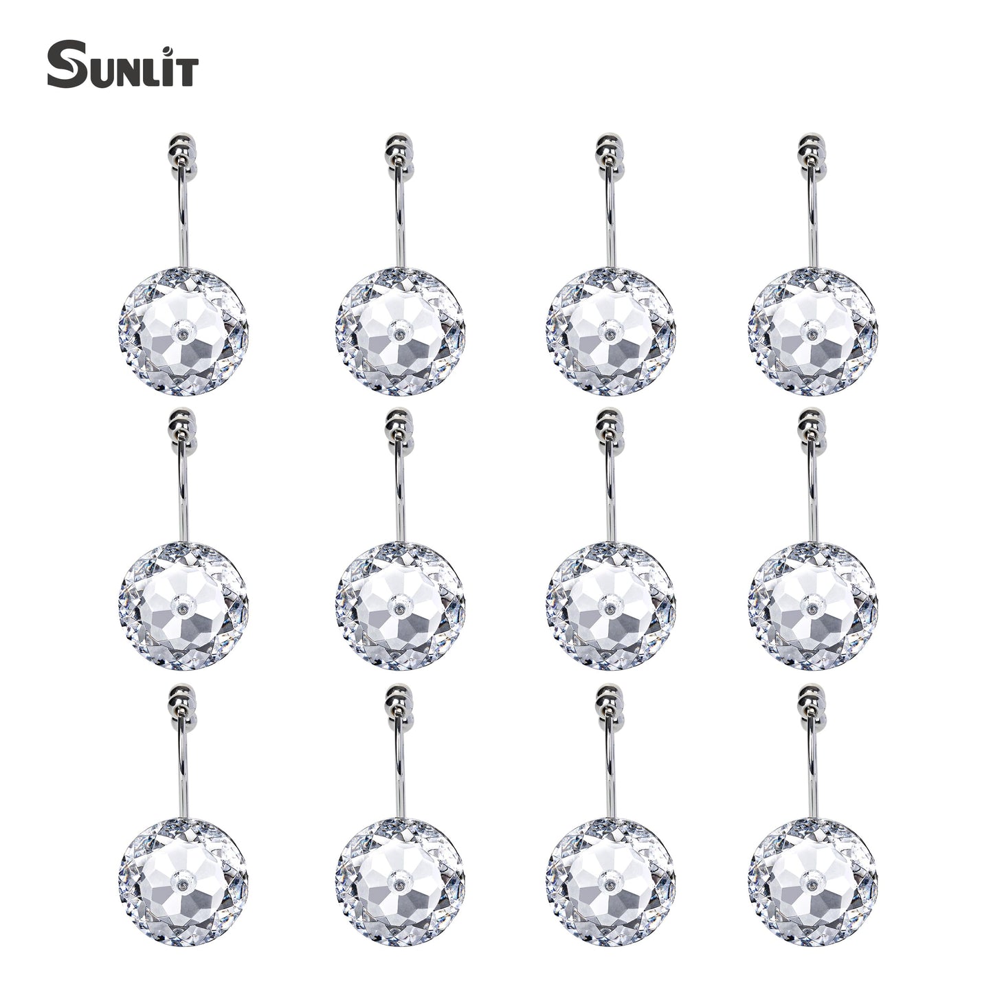 Sunlit Luxury Design Round Clear Diamond Crystal Gem Bling with Glide Balls Double Shower Curtain Hooks, Rust Proof Metal Rhinestones Glam Shower Curtain Rings-12 Pack