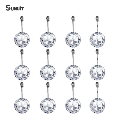 Sunlit Luxury Design Round Clear Diamond Crystal Gem Bling with Glide Balls Double Shower Curtain Hooks, Rust Proof Metal Rhinestones Glam Shower Curtain Rings-12 Pack