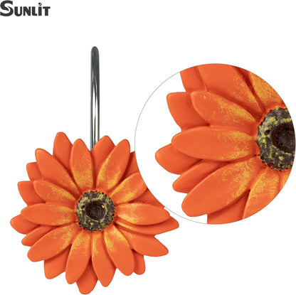 Sunlit Daisy Shower Curtain Hooks, Home Decorative Shower Curtain Rings for Bathroom, Resin, Floral Shower Curtain Hanger Hooks for Living Room, Set of 12, White and Golden