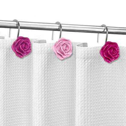 Sunlit Rose Shower Curtain Hooks, Home Decorative Flower Shower Curtain Rings for Bathroom, Resin, Pink Floral Shower Curtain Hanger Hooks for Living Room, Set of 12