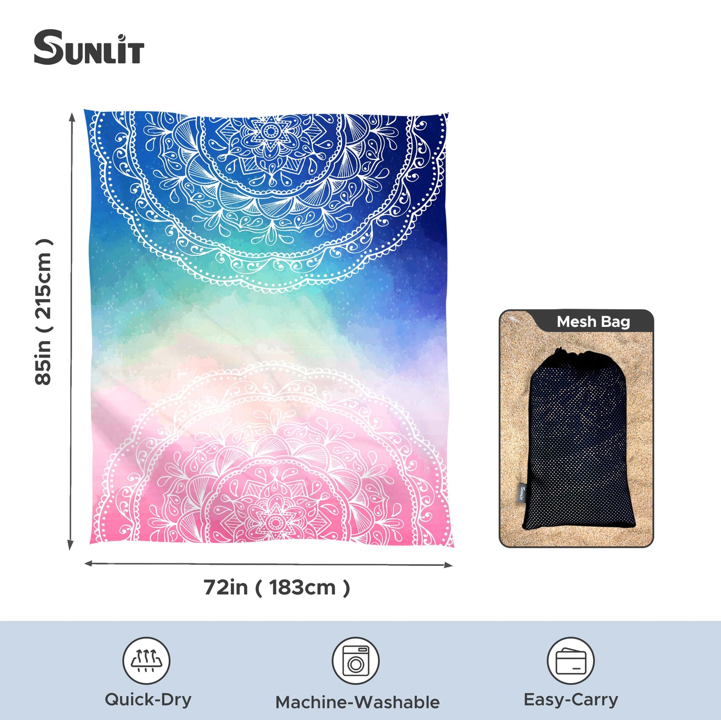 Sunlit Silky Soft Sand Proof Beach Blanket 106"x81" / 85"x72" Sand Proof Mat with Corner Pockets and Mesh Bag for Beach Party, Travel, Camping and Outdoor Music Festival, Mandala