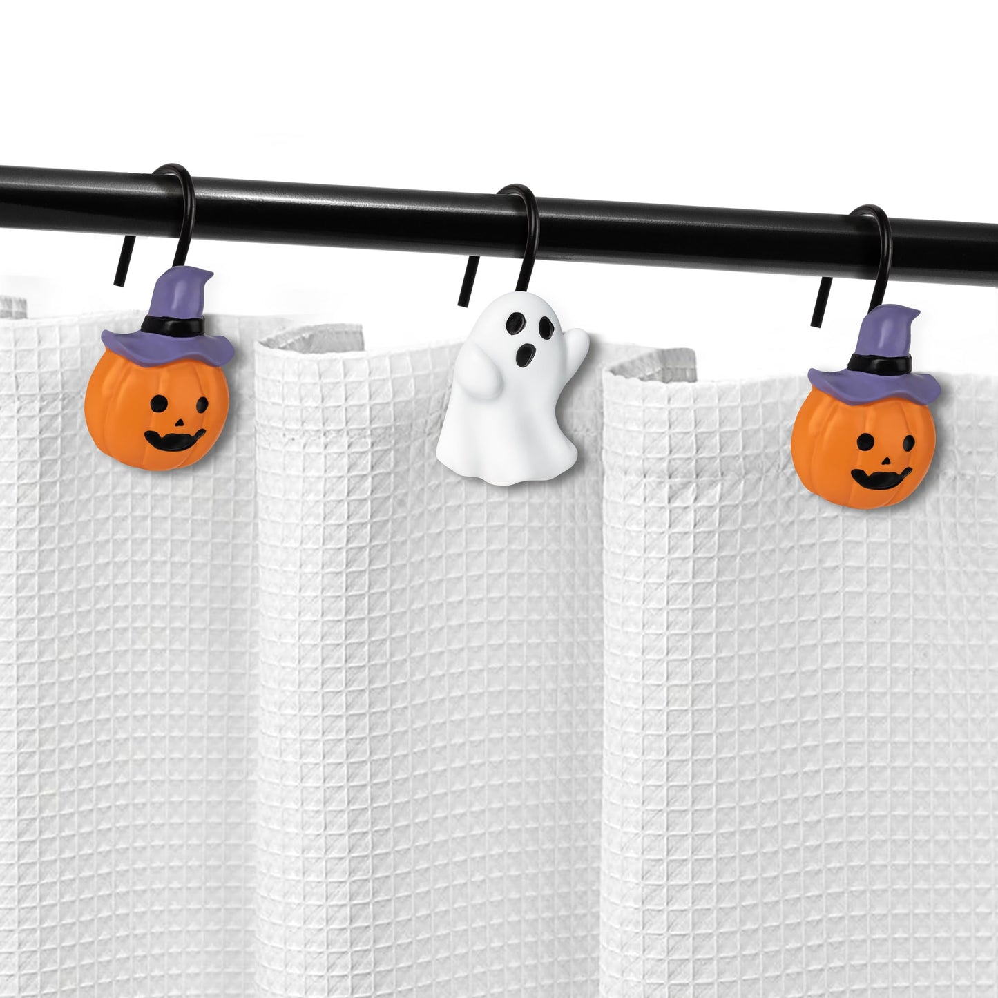 Sunlit Halloween Jack-O'-Lantern Shower Curtain Hooks, Home Decorative Ghost Shower Curtain Rings for Bathroom, Cat Shower Curtain Hangers Bathroom Accessories, Set of 12