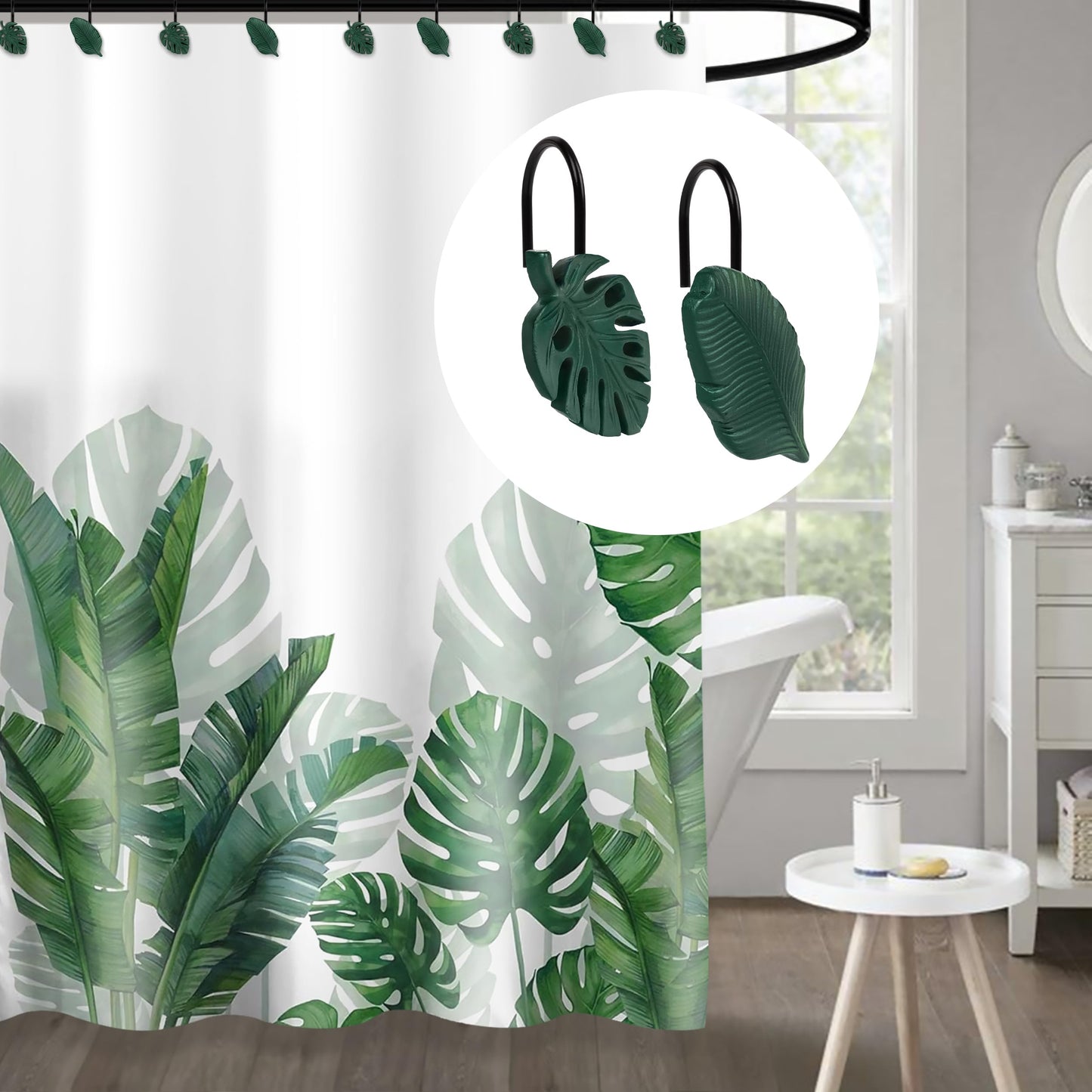 Tropical Leaf Decorative Shower Curtain Hooks, Green Botanical Shower Curtain Rings with Black Hooks, Resin, Monstera Deliciosa Leaves Shower Curtain Hangers for Bathroom, Set of 12