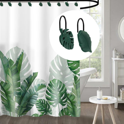 Tropical Leaf Decorative Shower Curtain Hooks, Green Botanical Shower Curtain Rings with Black Hooks, Resin, Monstera Deliciosa Leaves Shower Curtain Hangers for Bathroom, Set of 12