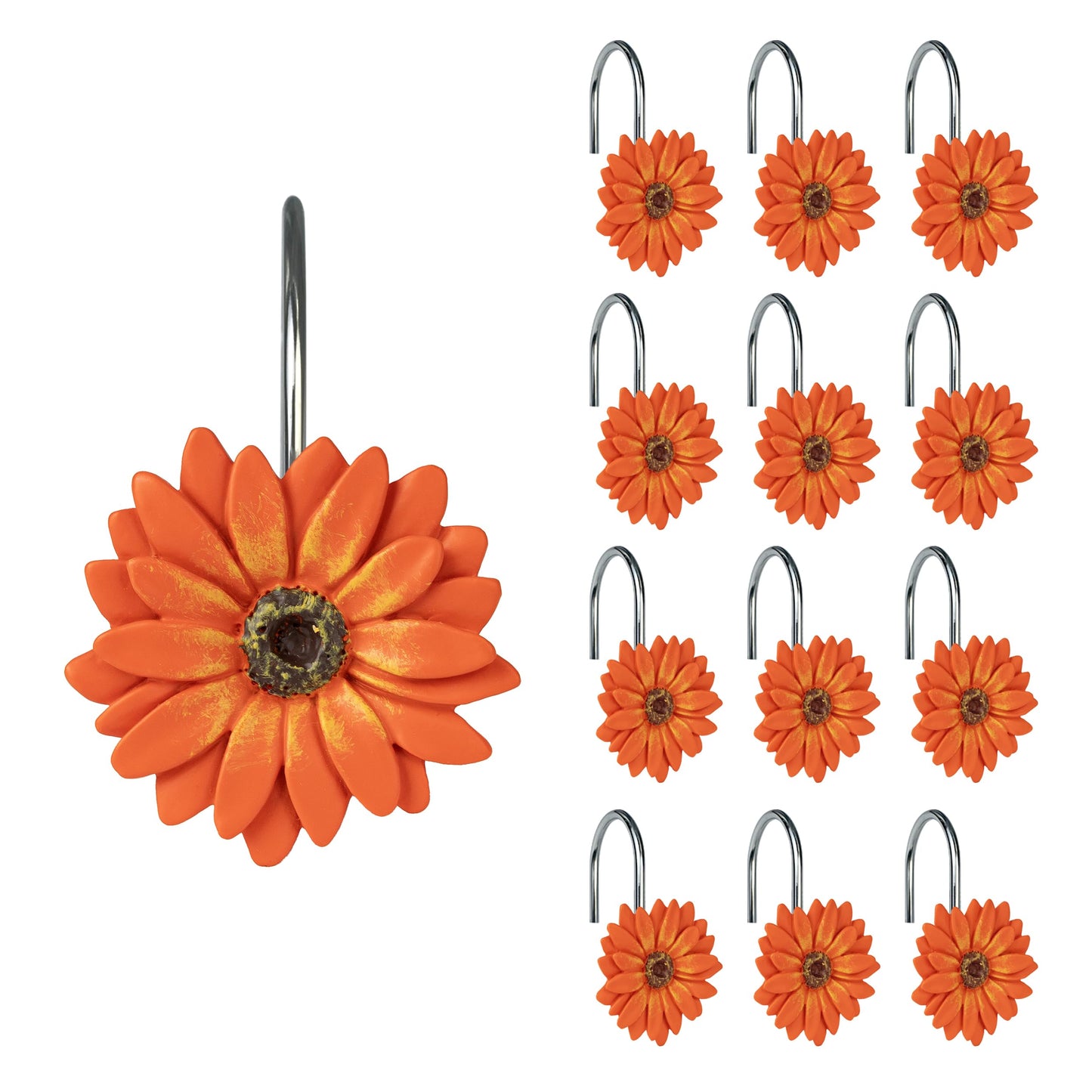 Sunlit Green Daisy Shower Curtain Hooks, Home Decorative Shower Curtain Rings for Bathroom, Resin, Summer Floral Shower Curtain Hanger Hooks for Living Room, Set of 12