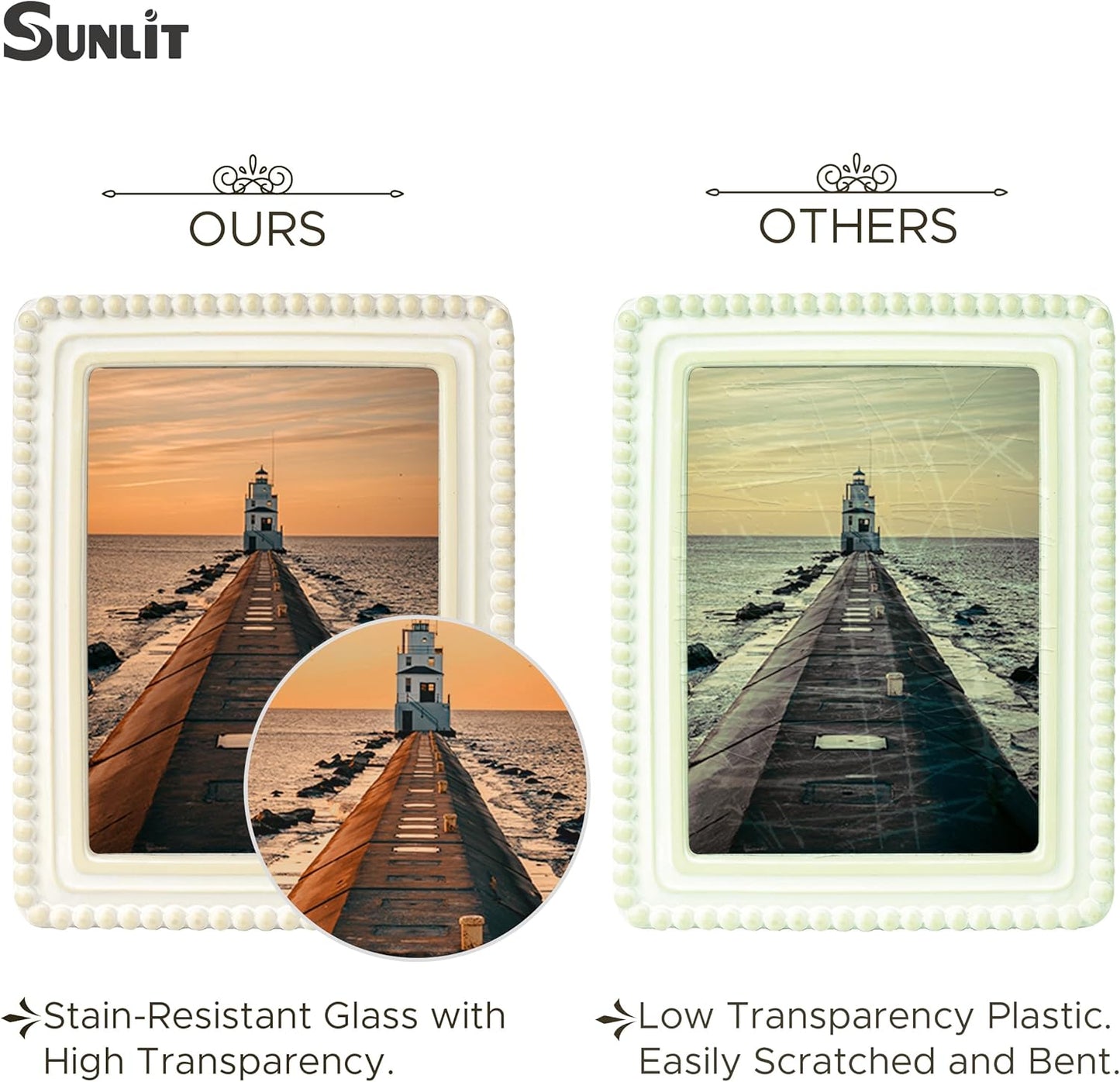 Sunlit Boho Vintage Picture Frame 5x7 Inch with Beaded Border, Luxury Antique Square Photo Frames with Glass Front, Photo Display, Tabletop Wall Hanging, Gift Idea, Distressed White