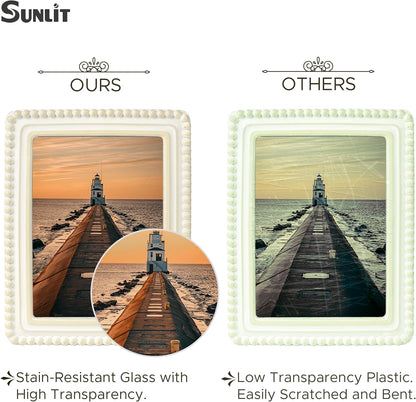 Sunlit Boho Vintage Picture Frame 5x7 Inch with Beaded Border, Luxury Antique Square Photo Frames with Glass Front, Photo Display, Tabletop Wall Hanging, Gift Idea, Distressed White