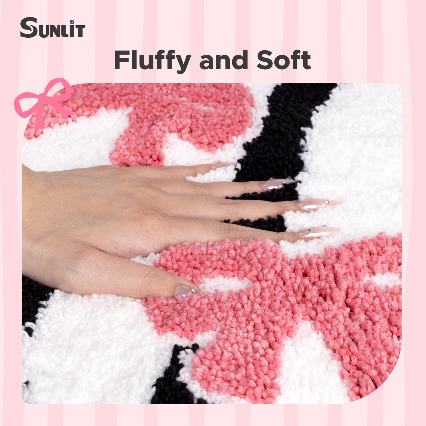 Sunlit Cute Bow Bathroom Rugs 32x20, Coquette Pink Bow Rug for Bedroom, Extra Soft Super Absorbent Bath Mat Quick Dry, Shaggy Bath Rug Non-Slip Washable Bathroom Floor Mat, Pink Stripe