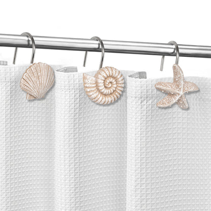 Sunlit Seashells Decorative Shower Curtain Hooks, Scallop Nautilus & Seahorse Shower Curtain Rings, Seashell Blush, Resin, Nautical Bathroom Decoration Beach Shower Curtain Hooks-12 Pack