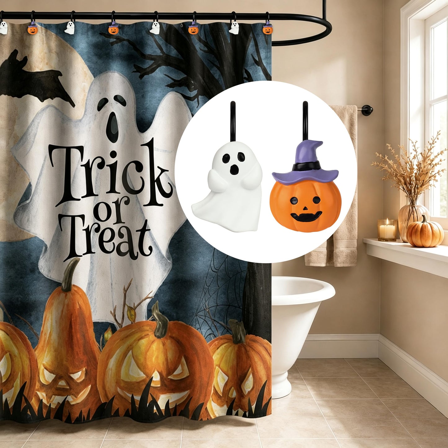 Sunlit Halloween Jack-O'-Lantern Shower Curtain Hooks, Home Decorative Ghost Shower Curtain Rings for Bathroom, Cat Shower Curtain Hangers Bathroom Accessories, Set of 12