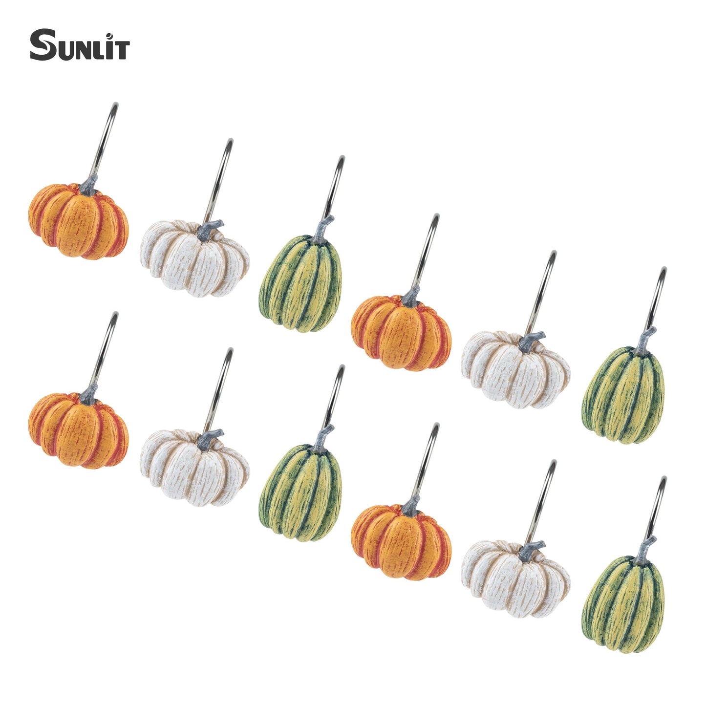 Sunlit Fall Pumpkin Decorative Shower Curtain Hooks, Autumn Harvest Festival Shower Curtain Rings, Resin, Orange Farmhouse Bathroom Curtain Hangers Decoration, Set of 12