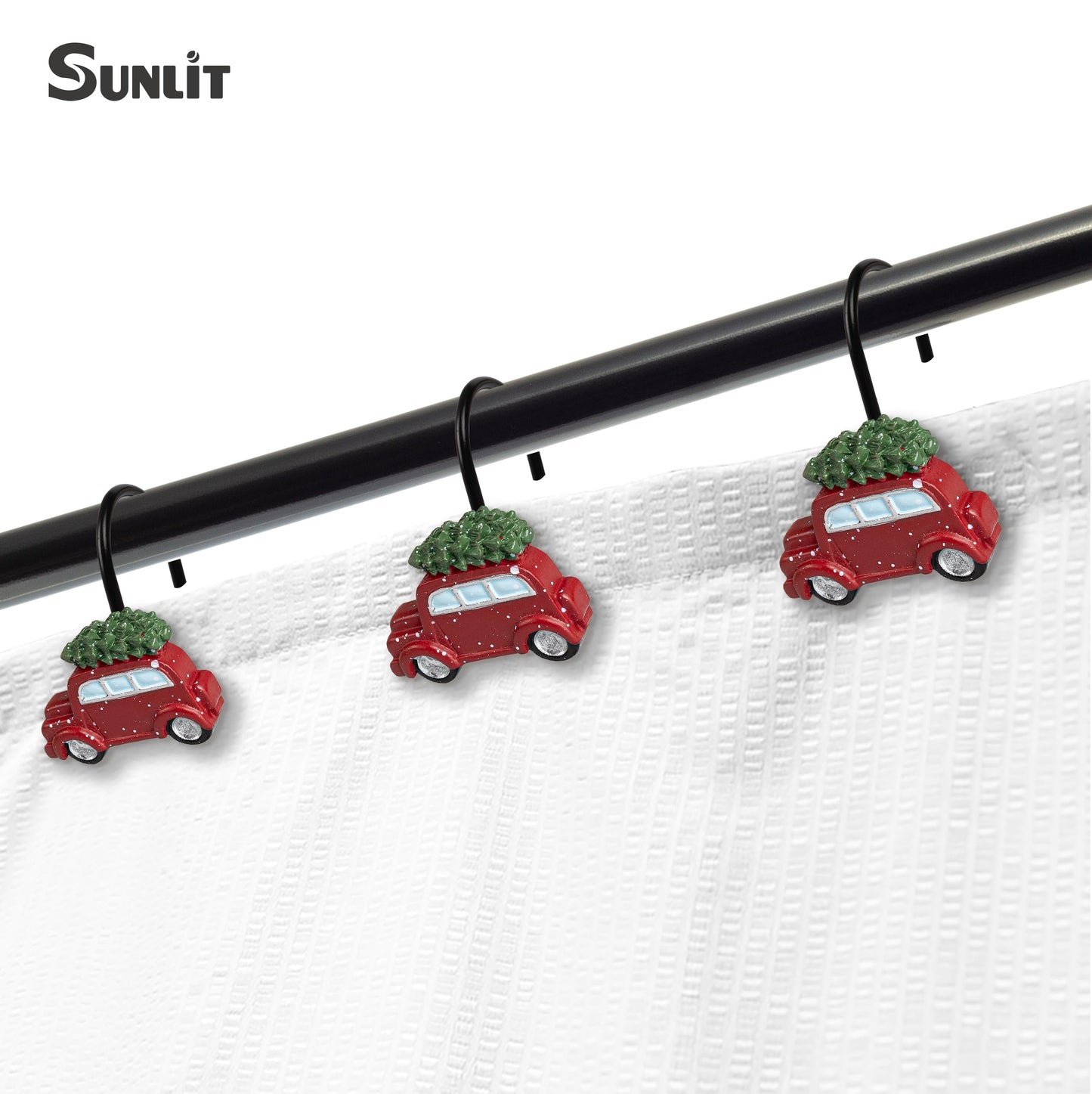 Sunlit Christmas Shower Curtain Hooks, Vintage Red Truck with Snow Xmas Tree Shower Curtain Rings, Resin, Rustic Farmhouse Christmas Decor, Winter Bathroom Decoration, Set of 12
