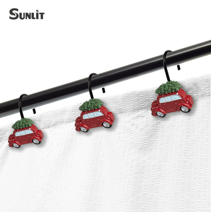 Sunlit Christmas Shower Curtain Hooks, Vintage Red Truck with Snow Xmas Tree Shower Curtain Rings, Resin, Rustic Farmhouse Christmas Decor, Winter Bathroom Decoration, Set of 12