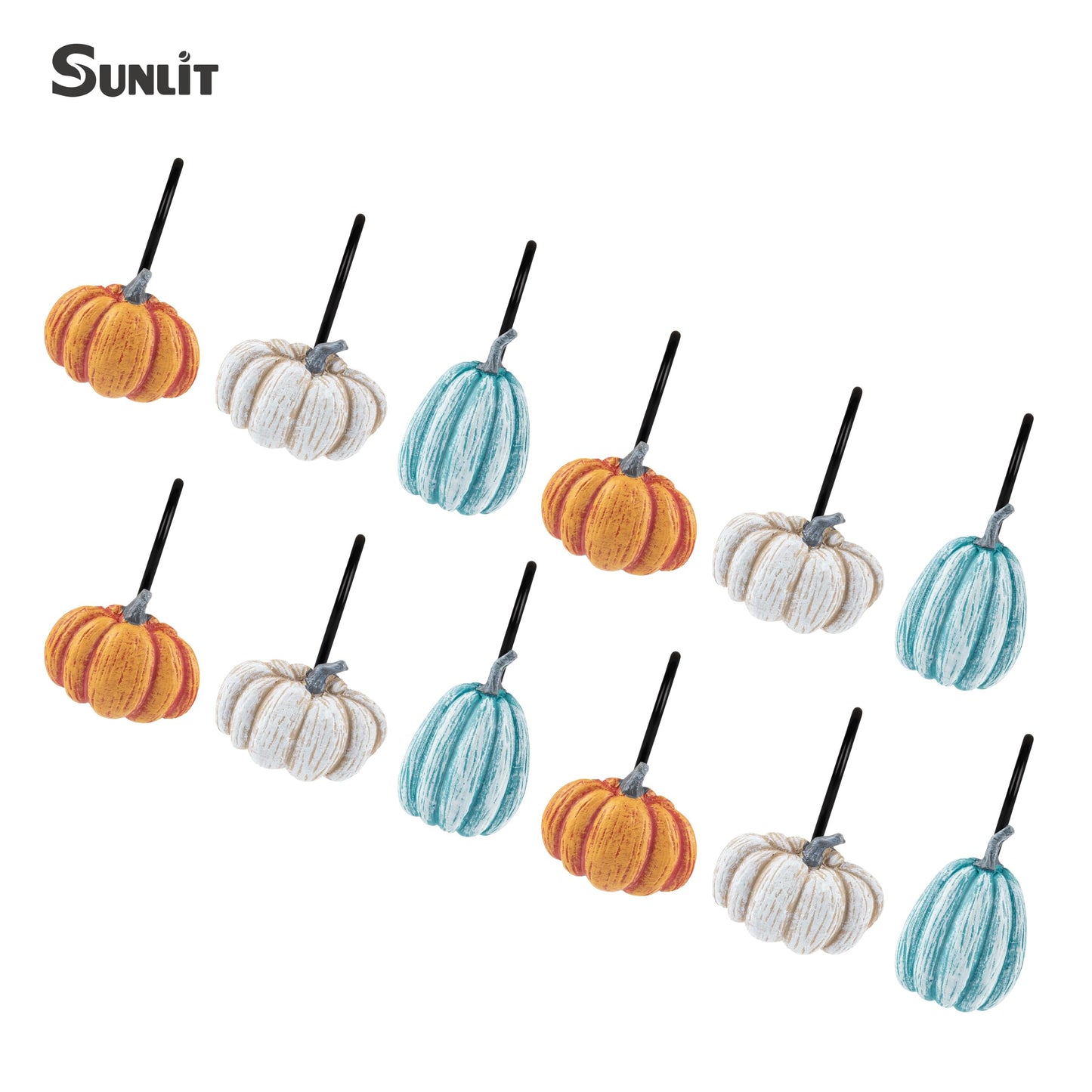 Sunlit Fall Pumpkin Decorative Shower Curtain Hooks, Autumn Harvest Festival Shower Curtain Rings, Resin, Orange Farmhouse Bathroom Curtain Hangers Decoration, Set of 12