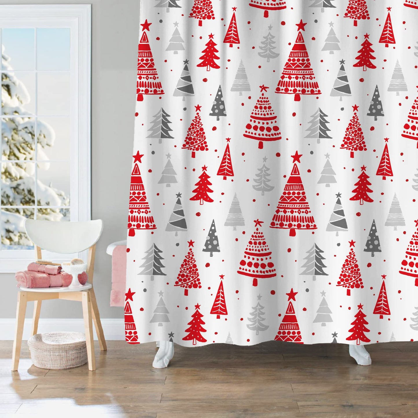 Sunlit Christmas Shower Curtain, Red and Gray Xmas Trees with Stars and Snow Pattern Shower Curtain for Bathroom Decor, 71x71 Inch