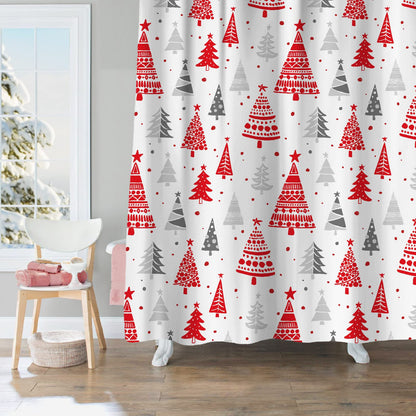 Sunlit Christmas Shower Curtain, Red and Gray Xmas Trees with Stars and Snow Pattern Shower Curtain for Bathroom Decor, 71x71 Inch