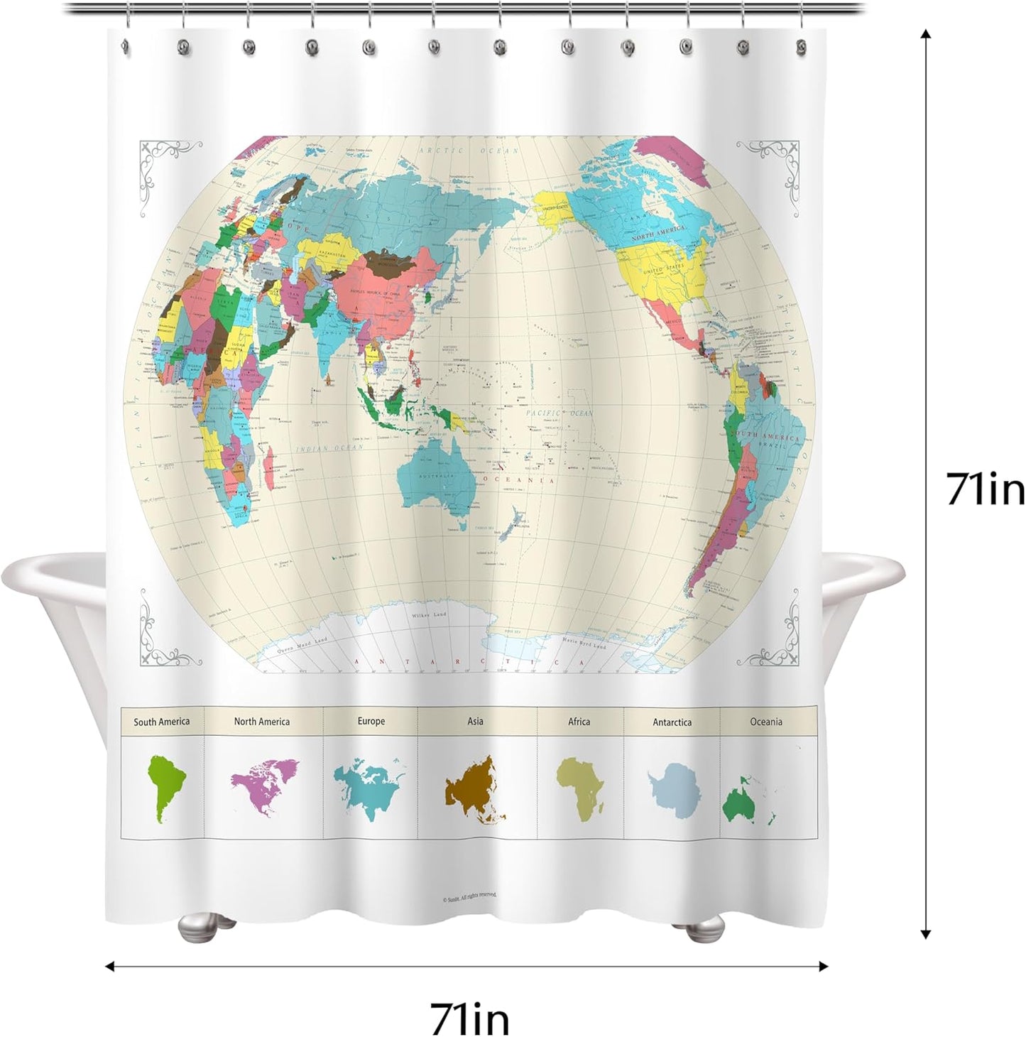 Sunlit Updated World Map Fabric Shower Curtain, Map of The World with Detailed Major Cities Shower Curtains for Kids, Geography Educational Bathroom Curtain, Large Home Decor Wall Map, 71" x 71"