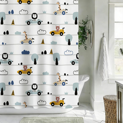 Sunlit Funny Car Race Fabric Kids Shower Curtain, Cute Cartoon Animal Drivers with Giraffe, Lion & Bear, Fun Road Trip Theme Bathroom Decor for Boys and Girls, 72 x 72 Inches, Sage Green