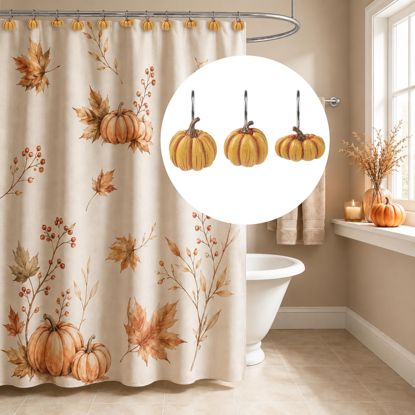 Sunlit Fall Pumpkin Decorative Shower Curtain Hooks, Autumn Harvest Festival Shower Curtain Rings, Resin, Orange Farmhouse Bathroom Curtain Hangers Decoration, Set of 12