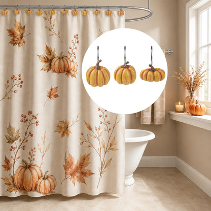 Sunlit Fall Pumpkin Decorative Shower Curtain Hooks, Autumn Harvest Festival Shower Curtain Rings, Resin, Orange Farmhouse Bathroom Curtain Hangers Decoration, Set of 12