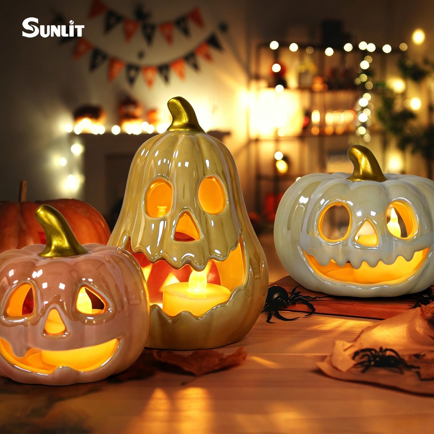 Sunlit Ceramic Pumpkin with 3 Tea Lights, Jack O Lantern Candle Holder Set of 3, Tabletop Indoor Halloween Decorations for Holiday Party Home