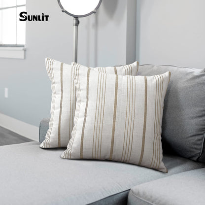 Sunlit Decorative Farmhouse Throw Pillow Case, Set of 2 Cream/Off-White with Black Stripes Modern Accent Square Pillow Cover, 22" x 22", Textured Linen Throw Cushion Covers for Couch Chair Bedroom