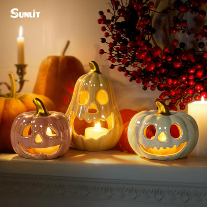 Sunlit Ceramic Pumpkin with 3 Tea Lights, Jack O Lantern Candle Holder Set of 3, Tabletop Indoor Halloween Decorations for Holiday Party Home