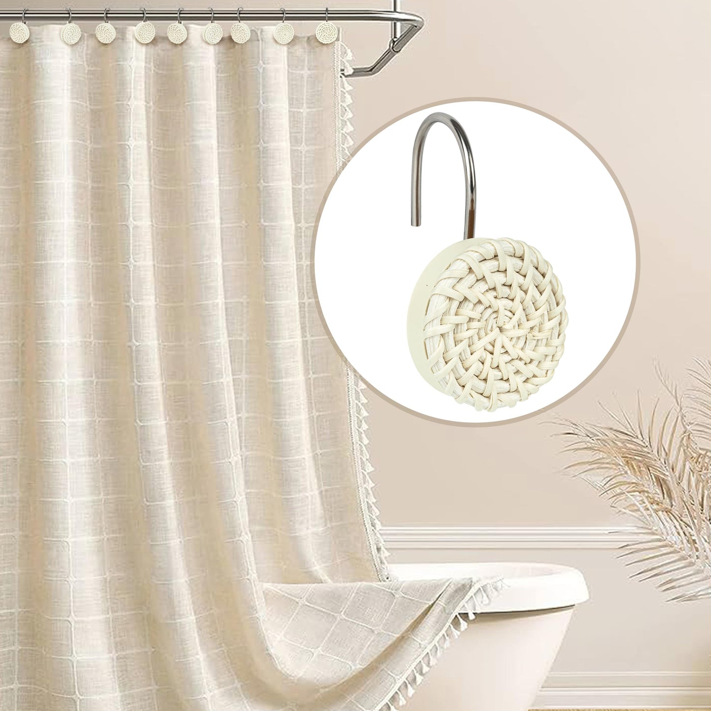 Sunlit Boho Decorative Shower Curtain Hooks, Woven Wicker Ratten Beige Shower Curtain Rings for Bathroom, Farmhouse Shower Curtain Hangers Bathroom Accessories, Set of 12