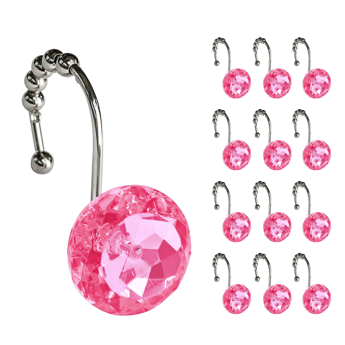Sunlit Round Rhinestone Shower Curtain Hooks with Glide Balls, 12 Pack