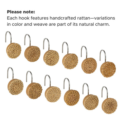 Sunlit Boho Decorative Shower Curtain Hooks, Woven Wicker Ratten Beige Shower Curtain Rings for Bathroom, Farmhouse Shower Curtain Hangers Bathroom Accessories, Set of 12