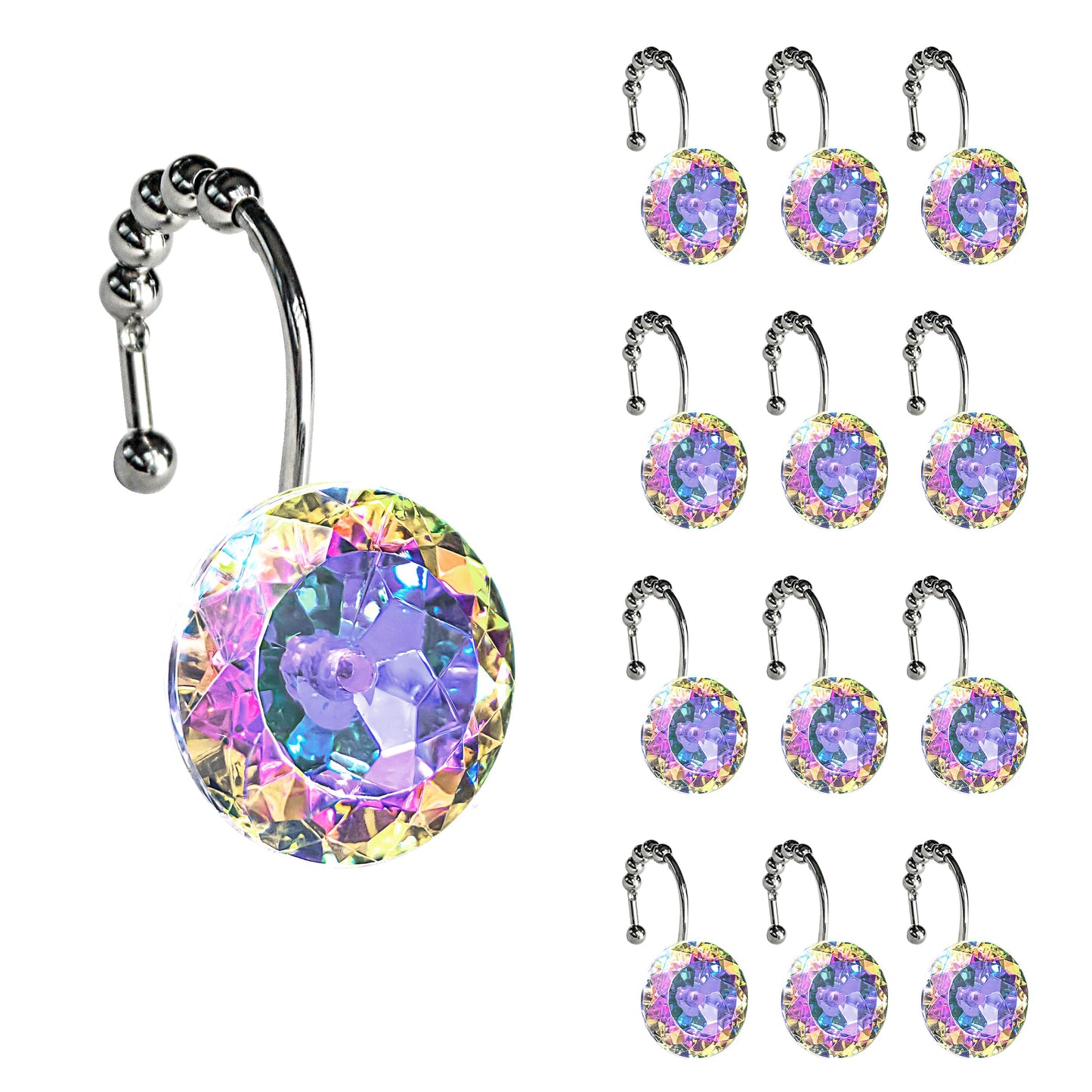 Sunlit Luxury Design Round Clear Diamond Crystal Gem Bling with Glide Balls Double Shower Curtain Hooks, Rust Proof Metal Rhinestones Glam Shower Curtain Rings-12 Pack