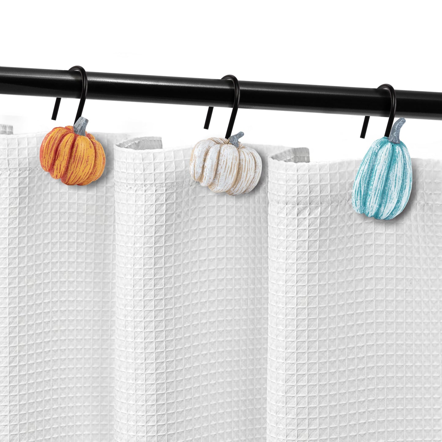 Sunlit Fall Pumpkin Decorative Shower Curtain Hooks, Autumn Harvest Festival Shower Curtain Rings, Resin, Orange Farmhouse Bathroom Curtain Hangers Decoration, Set of 12