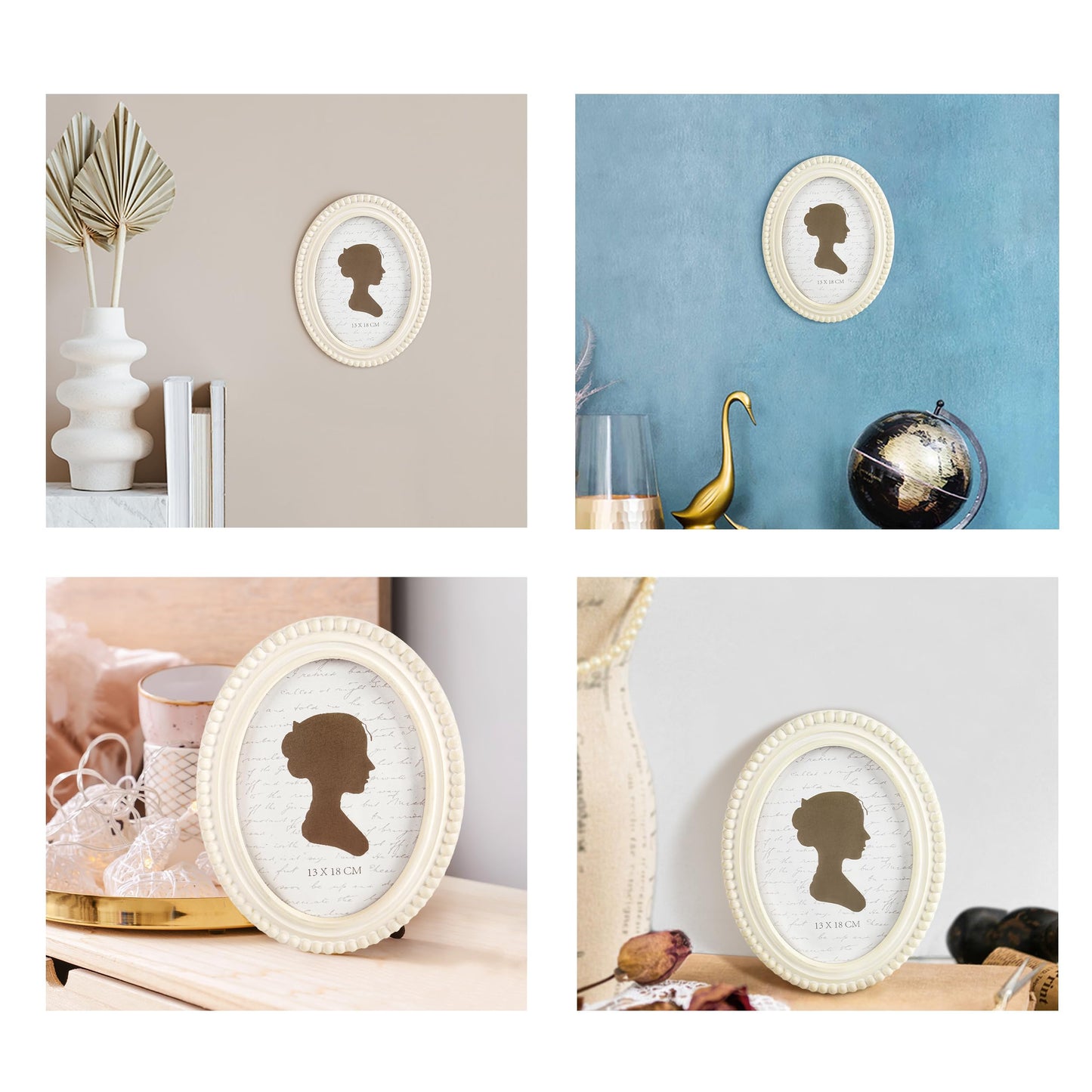 Sunlit Boho Vintage Picture Frame 8x10 Inch with Beaded Border, Oval Luxury Antique Photo Frames with Glass Front, Photo Display, Tabletop Wall Hanging, Gift Idea, Distressed White