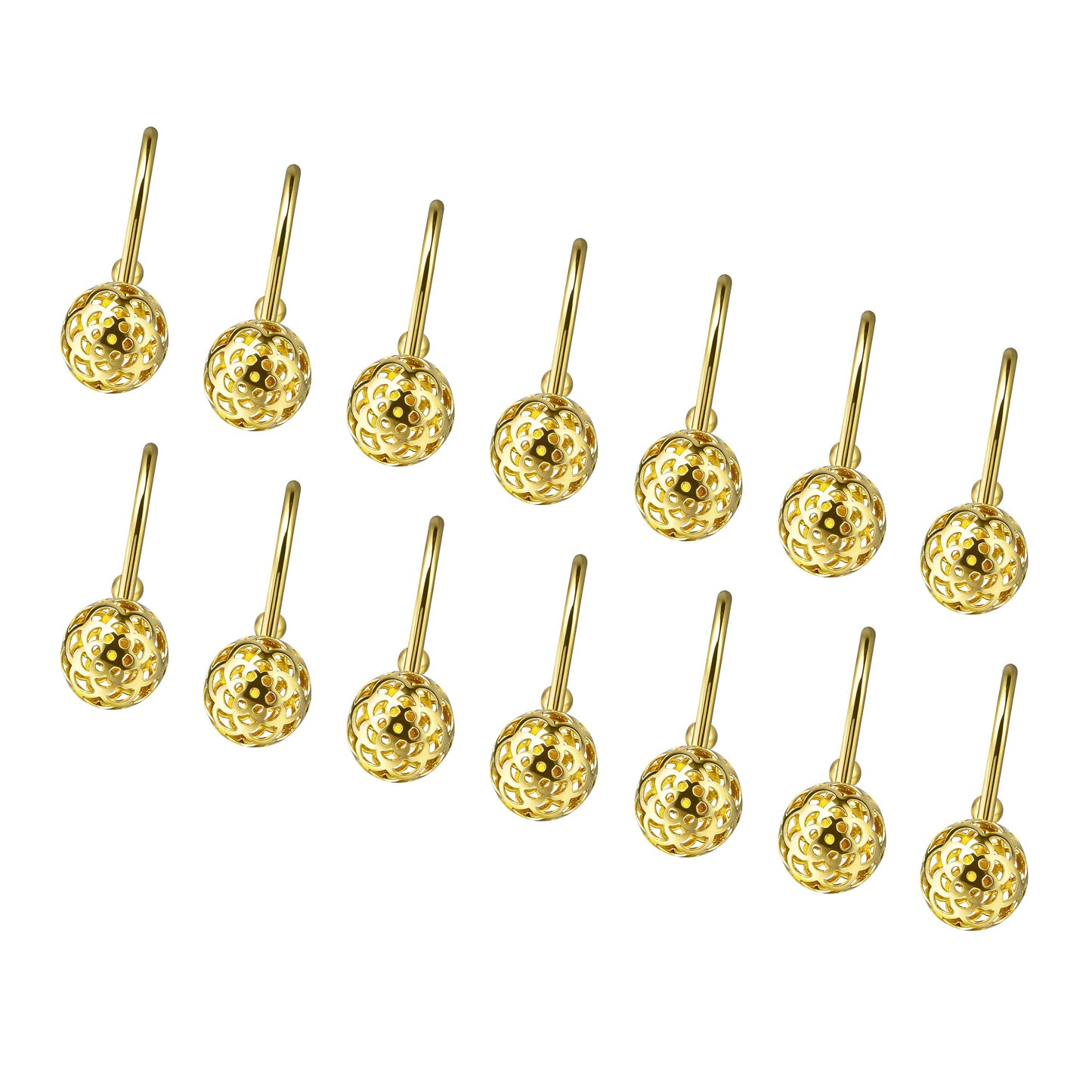 Sunlit Gold Hollow Ball Shower Curtain Hooks, Metal Home Decorative Shower Curtain Rings for Bathroom, Modern Shower Curtain Hangers Bathroom Accessories, Set of 12