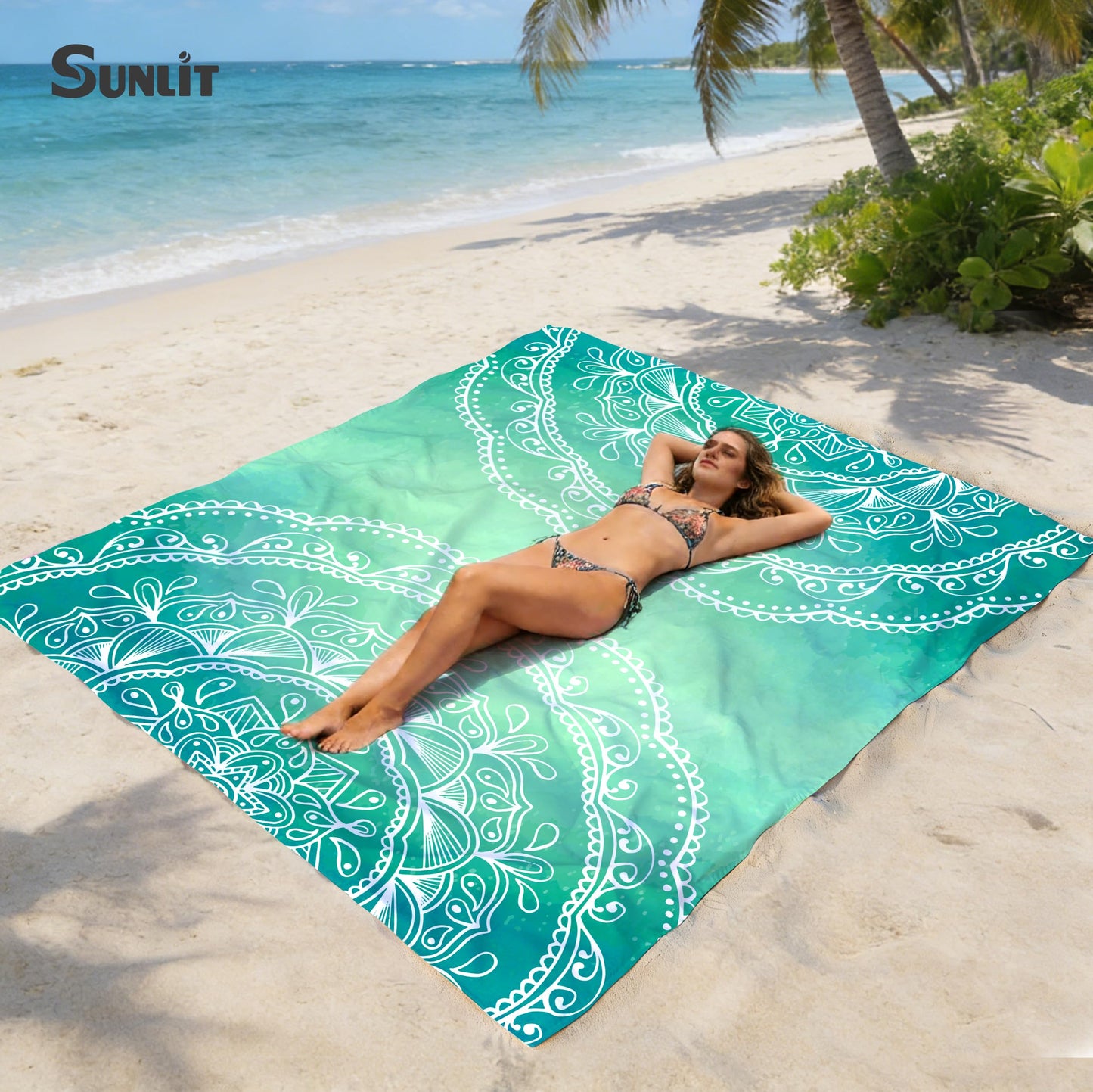 Sunlit Silky Soft Sand Proof Beach Blanket 106"x81" / 85"x72" Sand Proof Mat with Corner Pockets and Mesh Bag for Beach Party, Travel, Camping and Outdoor Music Festival, Mandala