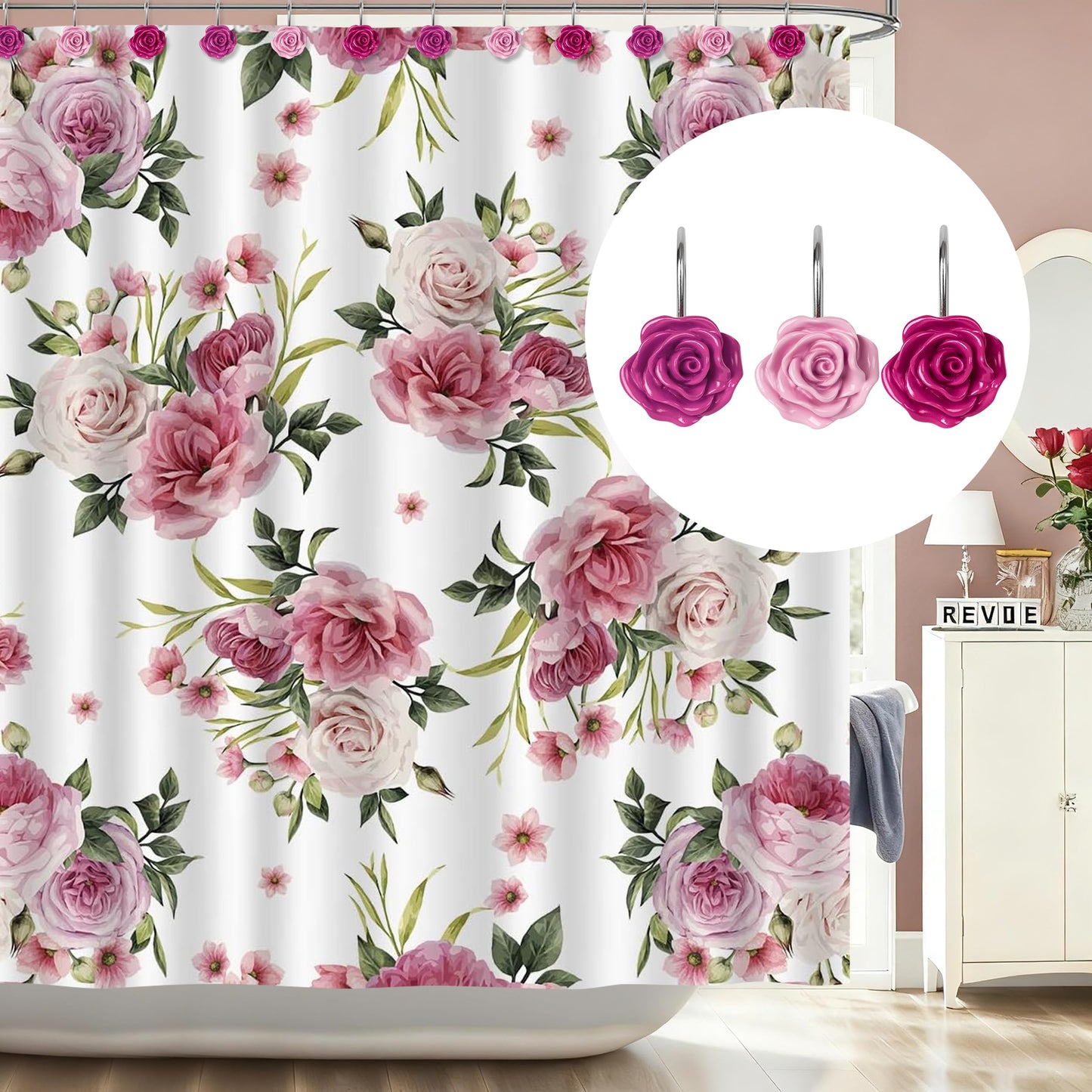 Sunlit Rose Shower Curtain Hooks, Home Decorative Flower Shower Curtain Rings for Bathroom, Resin, Pink Floral Shower Curtain Hanger Hooks for Living Room, Set of 12
