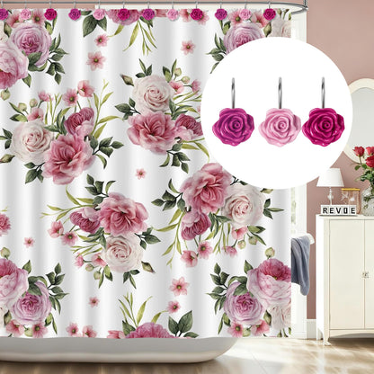 Sunlit Rose Shower Curtain Hooks, Home Decorative Flower Shower Curtain Rings for Bathroom, Resin, Pink Floral Shower Curtain Hanger Hooks for Living Room, Set of 12