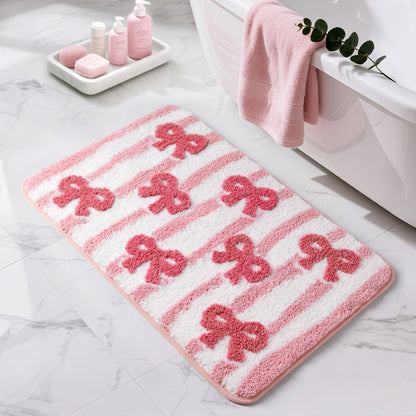 Sunlit Cute Bow Bathroom Rugs 32x20, Coquette Pink Bow Rug for Bedroom, Extra Soft Super Absorbent Bath Mat Quick Dry, Shaggy Bath Rug Non-Slip Washable Bathroom Floor Mat, Pink Stripe