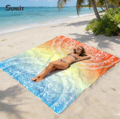 Sunlit Silky Soft Sand Proof Beach Blanket 106"x81" / 85"x72" Sand Proof Mat with Corner Pockets and Mesh Bag for Beach Party, Travel, Camping and Outdoor Music Festival, Mandala