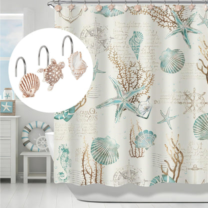 Sunlit Seashells Decorative Shower Curtain Hooks, Scallop Nautilus & Seahorse Shower Curtain Rings, Seashell Blush, Resin, Nautical Bathroom Decoration Beach Shower Curtain Hooks-12 Pack