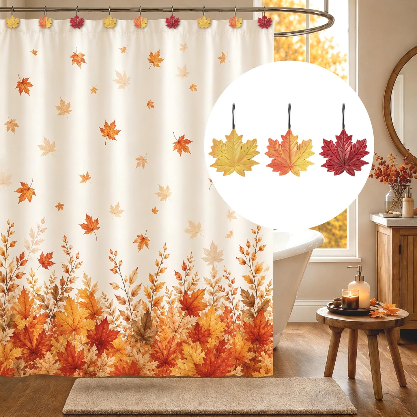 Sunlit Maple Leaf Shower Curtain Hooks for Fall Autumn, Home Decorative Shower Curtain Rings for Bathroom, Resin, Orange Red Maple Leaves Shower Curtain Hangers Hooks Bath Accessories, Set of 12
