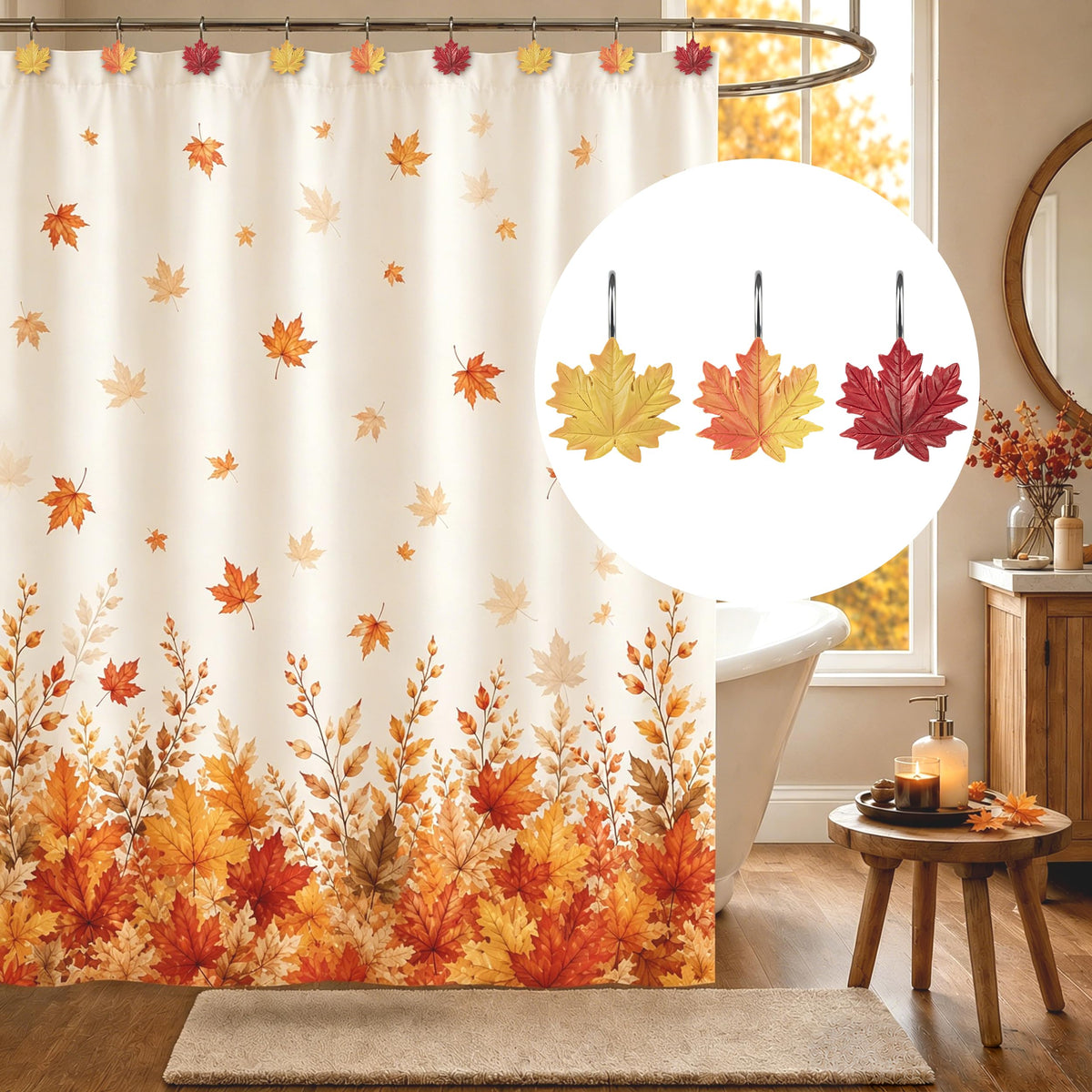 Sunlit Fall Autumn Decorative Shower Curtain Hooks, Pumpkin Maple Leaf Squirrel Acorn Shower Curtain Rings with Black Hooks, Resin, Orange Leaves Cute Bathroom Curtain Hangers Decoration, Set of 12