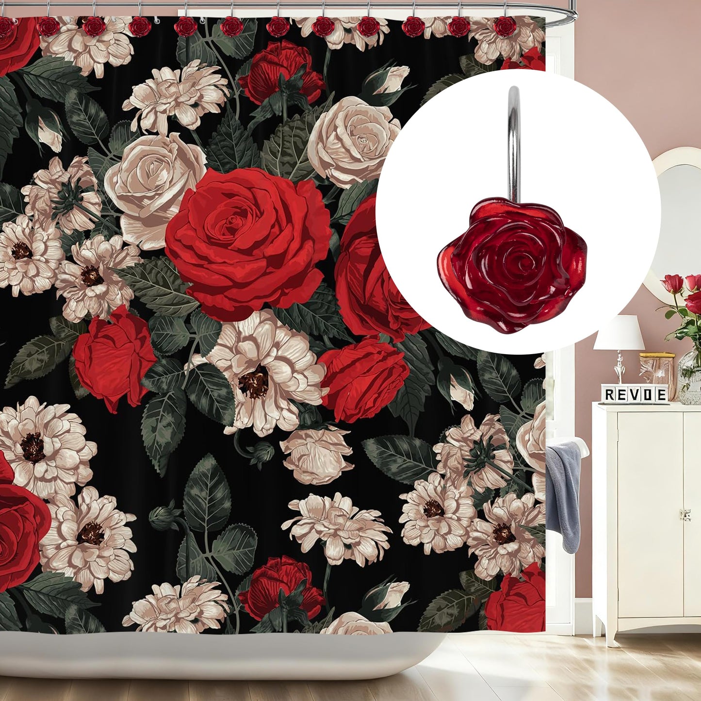 Sunlit Rose Shower Curtain Hooks, Home Decorative Flower Shower Curtain Rings for Bathroom, Resin, Pink Floral Shower Curtain Hanger Hooks for Living Room, Set of 12