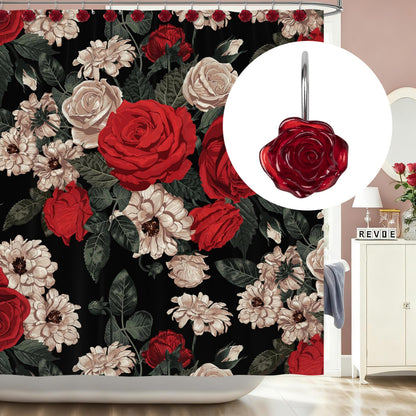 Sunlit Rose Shower Curtain Hooks, Home Decorative Flower Shower Curtain Rings for Bathroom, Resin, Pink Floral Shower Curtain Hanger Hooks for Living Room, Set of 12