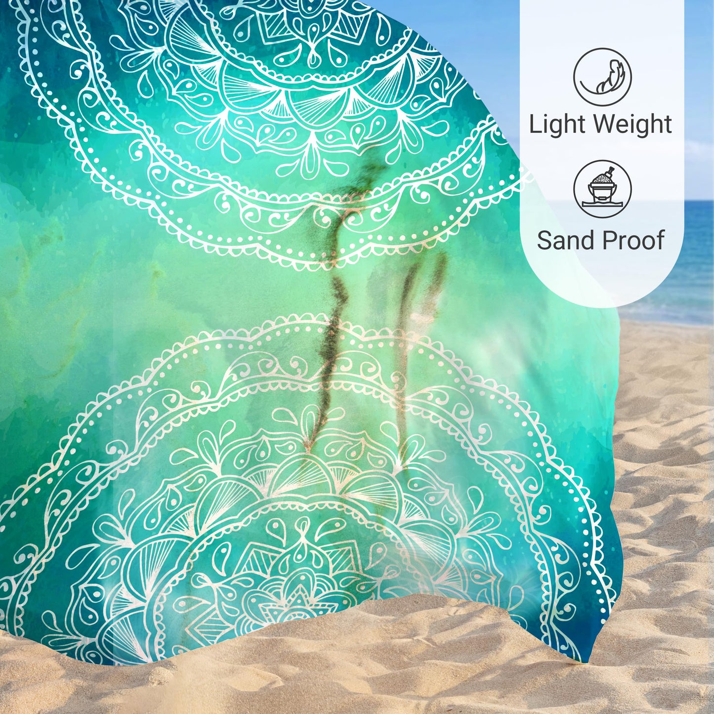 Sunlit Silky Soft Sand Proof Beach Blanket 106"x81" / 85"x72" Sand Proof Mat with Corner Pockets and Mesh Bag for Beach Party, Travel, Camping and Outdoor Music Festival, Mandala