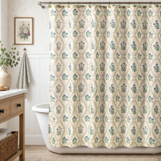 Sunlit Block Print Polyester-Cotton Fabric Shower Curtain, Sage Green Floral Pattern Design Bath Curtain, Vintage Farmhouse Bathroom Decor, 72 x 72 Inches