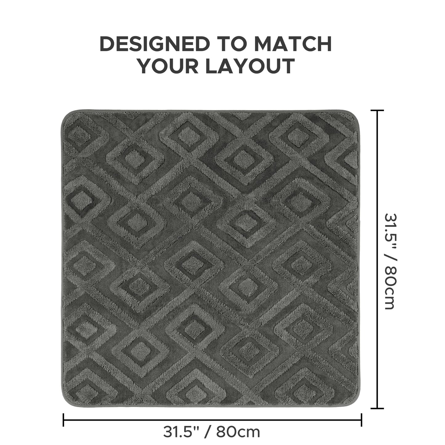Sunlit Square Bathroom Rug 32x32, Soft Absorbent Bath Mat, Washable Bathroom Mat, Non-Slip Square Bath Rug, Cozy Shower Rugs Bathmat, Subtle High-Low Pile Jacquard Pattern, Diamond Pewter Green