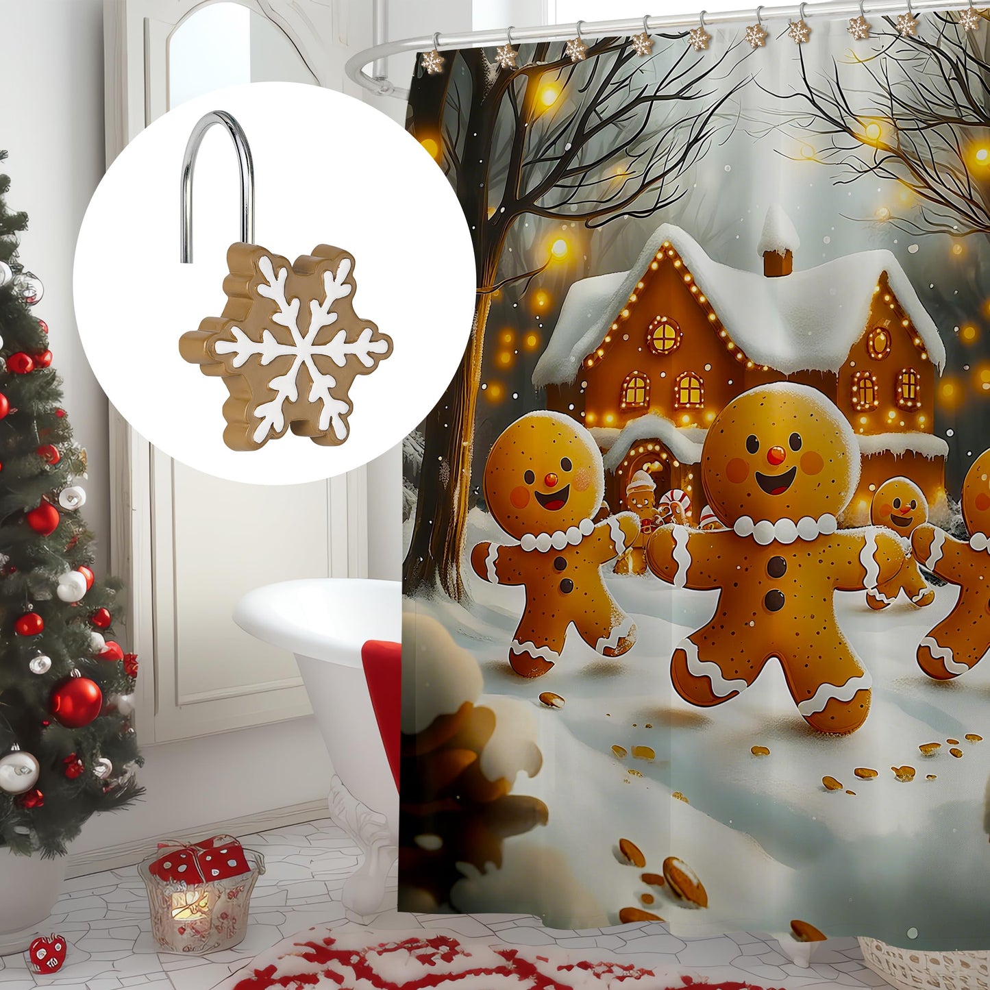 Sunlit Christmas Shower Curtain Hooks Silver Snowflakes Shower Curtain Rings, Resin, White Christmas Decor, Winter Bathroom Decoration - 12 Pack