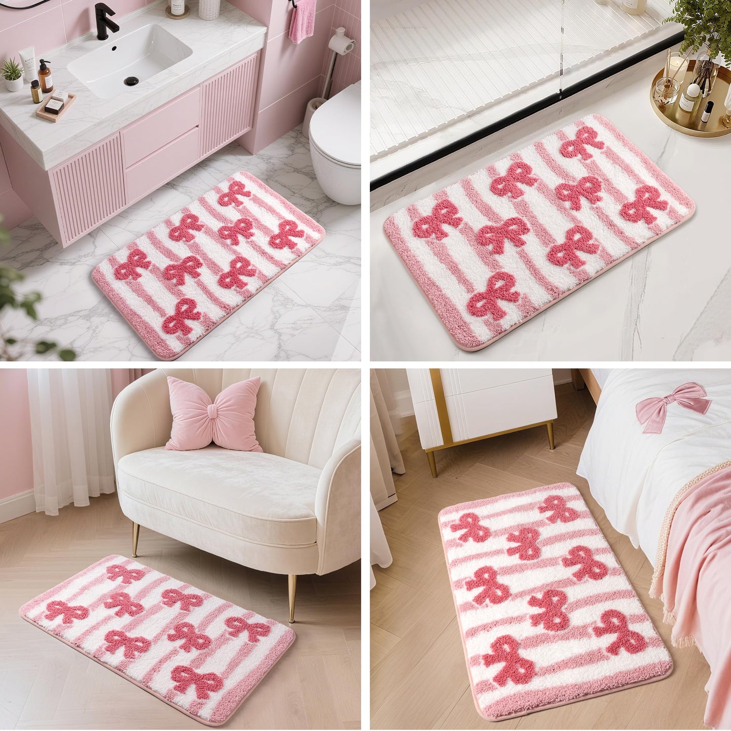 Sunlit Cute Bow Bathroom Rugs 32x20, Coquette Pink Bow Rug for Bedroom, Extra Soft Super Absorbent Bath Mat Quick Dry, Shaggy Bath Rug Non-Slip Washable Bathroom Floor Mat, Pink Stripe